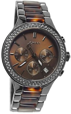 DKNY NY8668 brown chrono dial gunmetal stainless steel & brown resin tort bracelet. women NEW