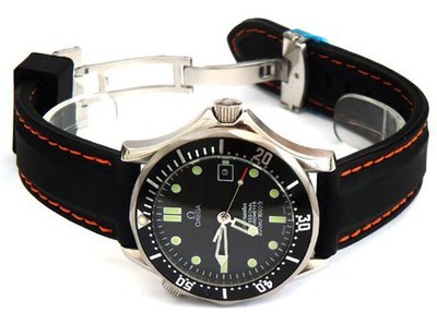 20mm 'soft touch' silicon rubber strap with ORANGE stitching on stainless steel deployment Fits Omega Seamaster Professional