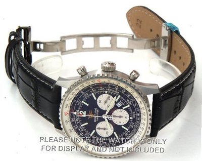 22mm Black Crocodile Strap White Stitching on deployant buckle Fits Breitling Navitimer