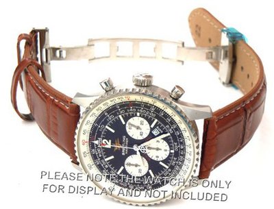 uEIEI 22mm Crocodile Strap White Stitching on deployant buckle Fits Breitling Navitimer 