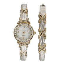 Elgin Two Tone X-Design Bangle and Bracelet Set with Crystal Accents EG9026STK