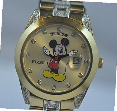 New Elgin Disney Mickey Mouse MCK209 Day Date Gold Tone Bracelet