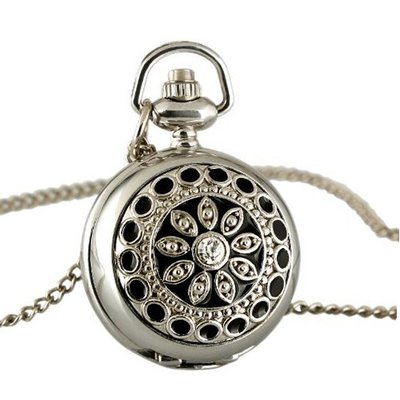 ESS Ladies Stainless Steel Case White Dial Black Pattern Front Necklace Pendant Pocket WP021