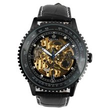 ESS Leather Band Luxury Black Stainless Steel Case Skeleton Self-Wind Up Mechanical Automatic WM347