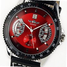 ESS New Gents Automatic Mechanical Wrist with Black Leather Strap Red Dial WM122