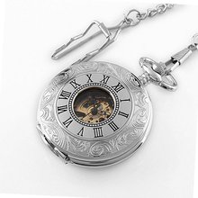 ESS Silvered Stainless Steel Case Skeleton Mechanical Pocket with Chain WP083