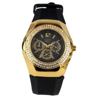 Eton Ladies Gold Coloured Diamante Case 2886-0 with Black Silicon Strap