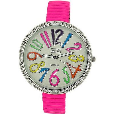 Eton Ladies Hot Pink Funky Number Dial Stone Set Bezel Expander Strap 3083