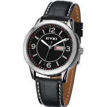 Fashion Elegant Male Durable Leather Strap Cool Simple Dial Time/Date/Week Show Analog Diaplay Quartz Movement WE8535G (Black Color)