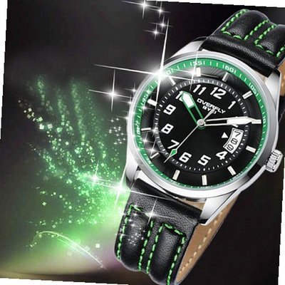 Luminous/Calendar Male Black Shell-Plated Leisure Fashion Cool Beauty Classic Round Design Leather Strap High Quality Leather Strap Pointer Quartz Movement WE8523G Green Color