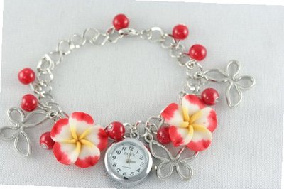 New in Box Ladies RED Pearl Bead Flower Butterfly Charm Bracelet Ladies Girls Fashion