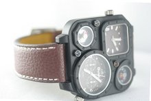 uFashion Watches New in Box Oulm Genuine Brown Leather 2 Timer Oversize Compass Thermometer Military Cool 