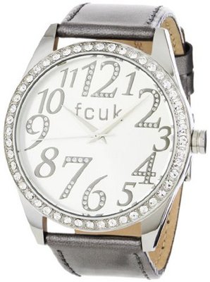 FCUK FC1012SS Stainless Steel Glossy Grey Leather Strap