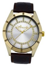 FCUK FC1072GS Dark Brown Croco Leather Strap Round Gold-Tone Stainless Steel Case