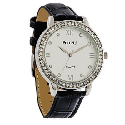 Ferretti `s FT11301 - Fashion - White Dial & Rhinestone-accent Case with Black Crocodile Leather Band