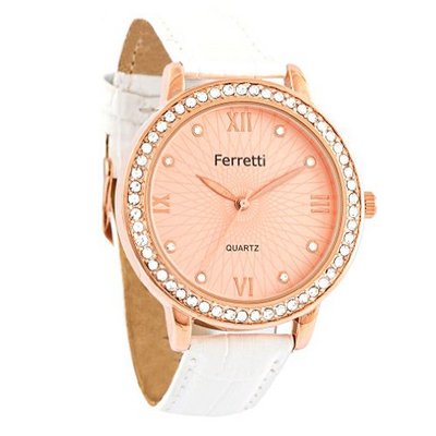 Ferretti `s FT11303 - Fashion - Rose Gold-tone Dial & Rhinestone-accent Case with White Crocodile Leather Band