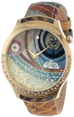 Gattinoni B0570-002 Venere Yellow Gold Ion-Plated Coated Stainless Steel Planetarium Textured Leather Strap Swarovski Crystal