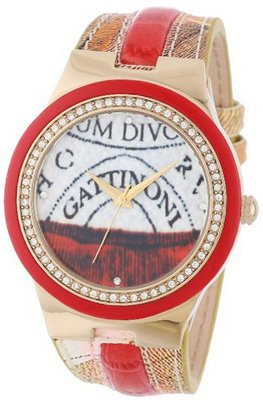 Gattinoni W0223GGTRED Meissa Yellow Gold Ion-Plated Coated Stainless Steel Planetarium Textured Leather Strap Swarovski Crystal