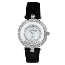 Black Genuine Leather with Crystals in 18K White Gold Plated Stainless Steel (128943)