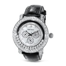 uGemorie Black Genuine Leather with Crystal in 18K White Gold Plated Stainless Steel (128939) 