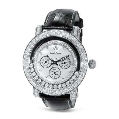 uGemorie Black Genuine Leather with Crystal in 18K White Gold Plated Stainless Steel (128939) 