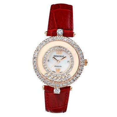 uGemorie Red Genuine Leather with Crystals in 18K Rose Gold Plated Stainless Steel (128942) 