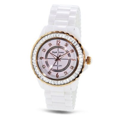 uGemorie White Ceramic with Crystal in 18K Rose Gold Plated Stainless Steel (128935) 