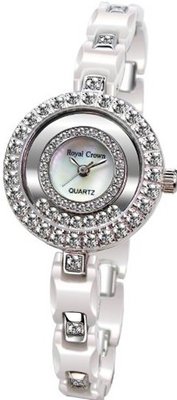 White Ceramic Round with Crystal in 18K White Gold Plated Stainless Steel (128918)