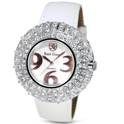 White Genuine Leather with Crystal in 18K Rose Gold Plated Stainless Steel (128907)