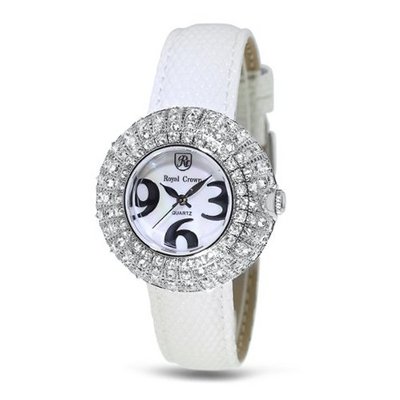 White Genuine Leather with Crystal in 18K White Gold Plated Stainless Steel (128909-W)