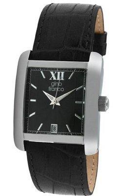 gino franco 941BK Square Stainless Steel Genuine Leather Strap