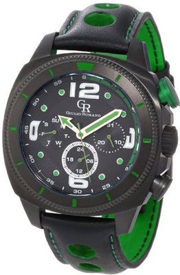 Giulio Romano GR-2000-13-006 Pescara Black IP Case with Green Aluminum Pusher Black Leather with Green Lining and Topstitching Dual-Time Day-Date