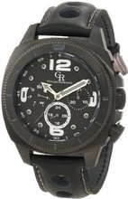 Giulio Romano GR-2000-13-011 Pescara Black IP Case with Grey Aluminum Pusher Black Leather with Grey Lining and Topstitching Dual-Time Day-Date