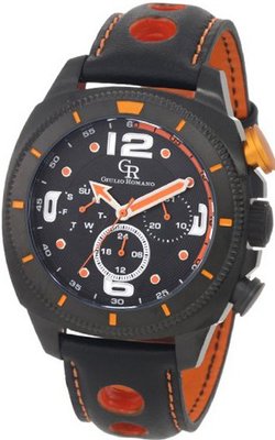 Giulio Romano GR-2000-13-079 Pescara Black IP Case with Orange Aluminum Pusher Black Leather with Orange Lining and Topstitching Dual-Time Day-Date