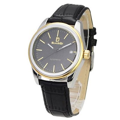 BIAOQI AE-1118 Stainless Steel Date Display Automatic Mechanical -Black Leather Band Black Golden Dial