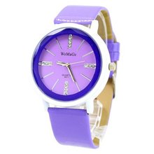 WOMAGE Graceful with Round Dial/PU Leather Band/Rhinestone Scale/Stainless Steel Back -Purple