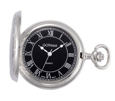 Gotham Silver-Tone Polished Finish Black Roman Dial Covered Quartz Pocket # GWC15442SB