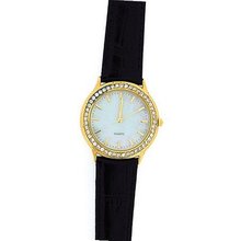 Gents Sterling Silver, Gold Plated, Crystal Black Leather Strap GOTW97