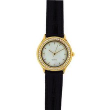 Ladies Sterling Silver, Gold Plated, Crystal Black Leather Strap GOTW115