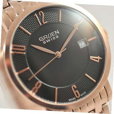 GRUEN Swiss Rose Gold-tone Stainless Steel Thin with Black Dial. Model: GSC17-6