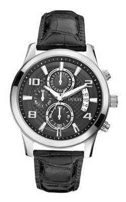 GUESS U0076G1 Black Classic Crocodile-Grained Leather Strap Chronograph