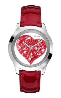 GUESS U0113L2 Silver-Tone Clearly Inspired Red Crystal Heart