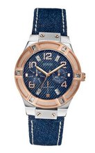 GUESS U0289L1 Iconic Blue Denim Multi-Function with Genuine Leather Backed Strap, a Hint of Genuine Crytsal Accents & Silver & Rose Gold-Tone Case