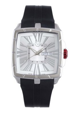 GV2 by Gevril 9004 Fiamme Square Stainless Steel Case Sapphire Crystal Silver Dial Day-Date Rubber