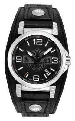 Harley-Davidson Bulova Stainless Steel Black Leather Date . 76B163
