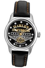 Harley-Davidson® 110th Annivesary Special Edition Bulova . Leather Strap. Swarovski Elements. 110th Logo. Anitquied Silve and Gold. 76L164