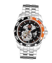 Harley-Davidson® Spoke Self-Winding Automatic . Luminous Hands. Open Aperture, Skeleton Dial and Back. Stainless Steel Bracelet. 78A112