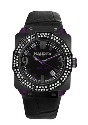 Haurex Italy 8E372DNP Athenum Black IP Purple Aluminum Swarovski Black Leather Date