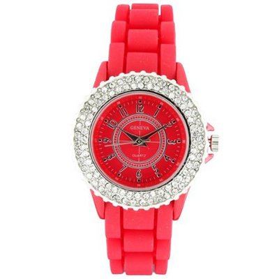 Classic Small Round Face Silicone w/ Crystal Accents - Red