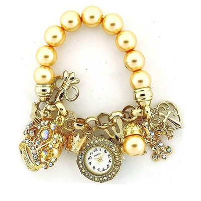Pearl Bracelet w/ King and Queen Symbol Charms - Gold